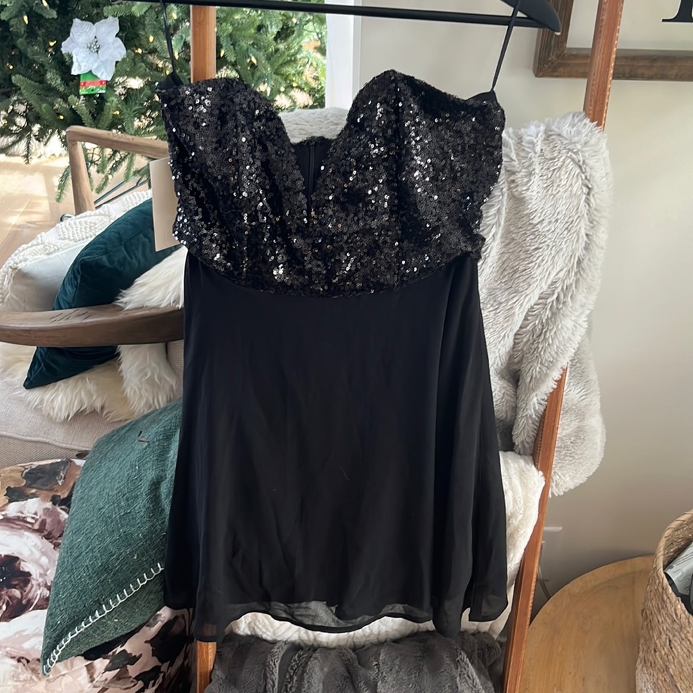 Sequin black mini dress deep v